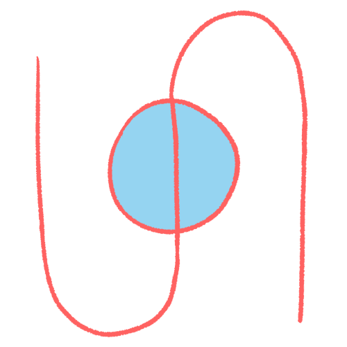 a drawing of a light blue circle, with a large pink sideways S over top of it, with the middle of the S intersecting the centre of the circle.